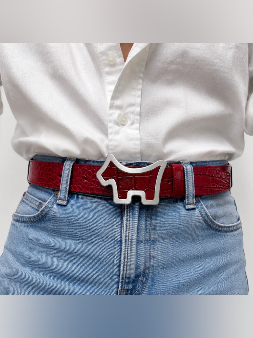 NWOT Red Croc-Embossed Leather Belt Novelty Scottie Dog Silver Buckle M L XL